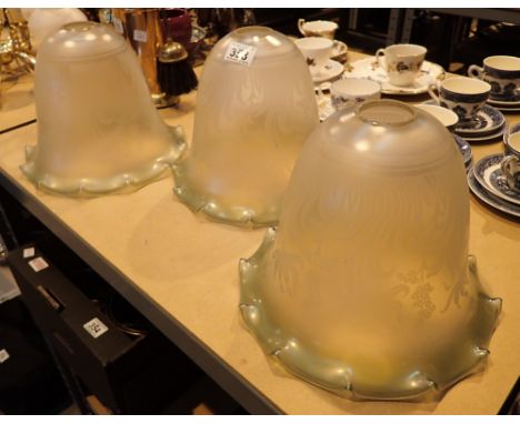 Three floral etched glass lamp shades H: 23 cm 