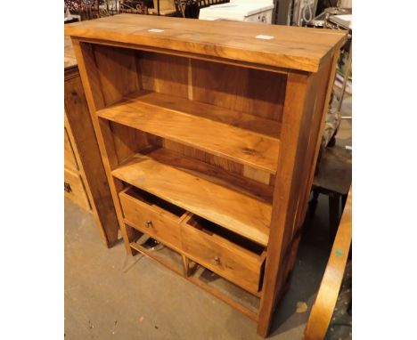 Large wooden three shelf bookcacse with twin under drawers 