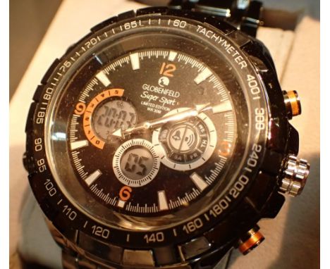 Globenfeld new old stock wristwatch with black face and ceramic strap with paperwork and box 