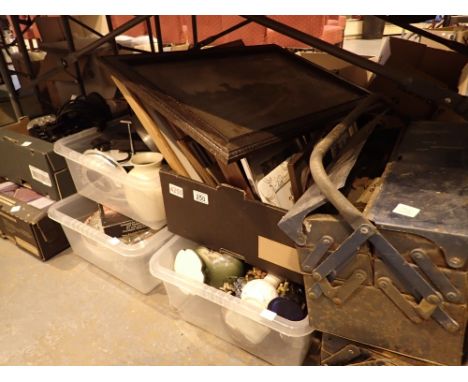 Six boxes of mixed ceramics glass eletricals etc and two cantilever tool boxes and contents