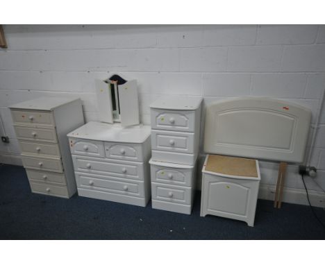 A SELECTION OF WHITE BEDROOM FURNITURE, to include a chest of two short over two long drawers, width 83cm x depth 47cm x heig