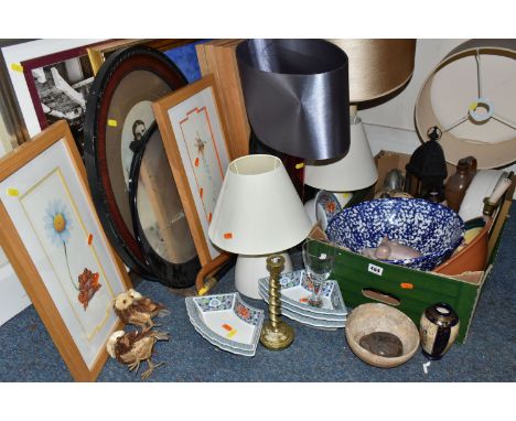 A BOX AND LOOSE CERAMICS, PICTURES, LAMPS AND SUNDRY ITEMS, to include Honiton pottery animal money boxes, a pair of brass ca