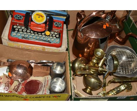 TWO BOXES OF METALWARE AND FIVE FRAMED PRINTS, to include a boxed tinplate Mettype Junior toy typewriter (in original box, ap