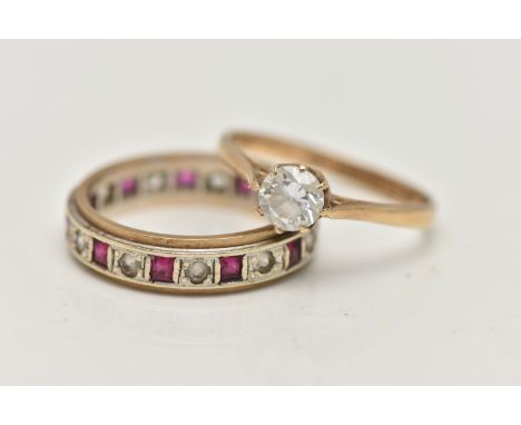 TWO GEM SET RINGS, the first a 9ct gold, single cubic zirconia set ring, pinched shoulders leading onto a polished band, hall