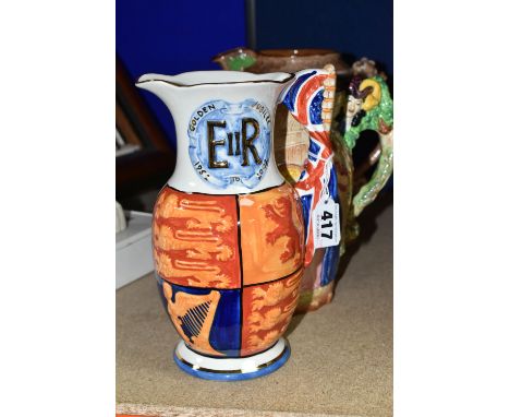 THREE BURLEIGH WARE JUGS, comprising a Royal Coronation 1953 Westminster Abbey commemorative jug, a Royal Golden Jubilee 1952