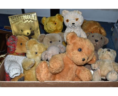 A BOX OF VINTAGE TEDDY BEARS ETC, to include a boxed Merrythought Virgin Atlantic bear marked 2000 to paw, Orchard Bears 'Tho