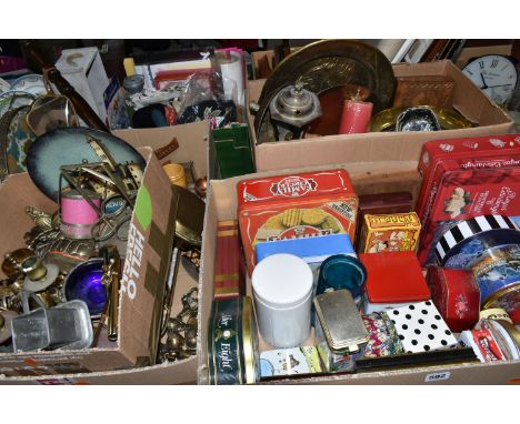 SIX BOXES OF ASSORTED SUNDRY ITEMS ETC, to include brass ornaments, horse brasses, brass trays, etc, a dressing table set, it