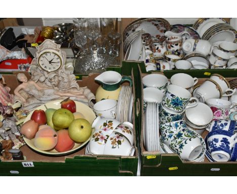 FOUR BOXES OF TEAWARE AND CERAMICS, to include a quantity of crocheted ladies gloves, six stainless steel dessert dishes, a f