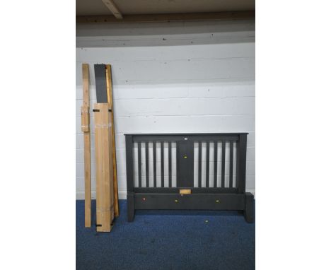 A GREY PAINTED 5FT BEDSTEAD, with side rails, slats and central support (condition report: back of headboard not painted, sig