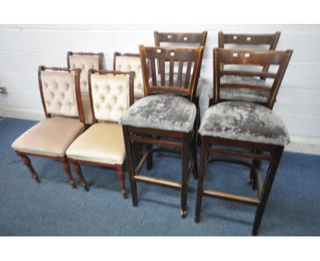 A SET OF FOUR MAHOGANY BUTTON BACK CHAIRS, with beige upholstery, along with a set of four bar stools (condition report: all 