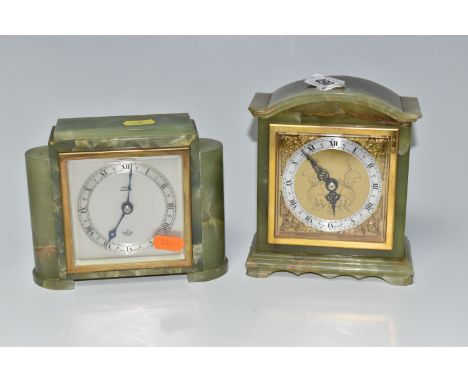 TWO GREEN ONYX MANTEL CLOCKS, both by Elliot, one is Art Deco in style with Sorley of Glasgow retailers name to the silvered 