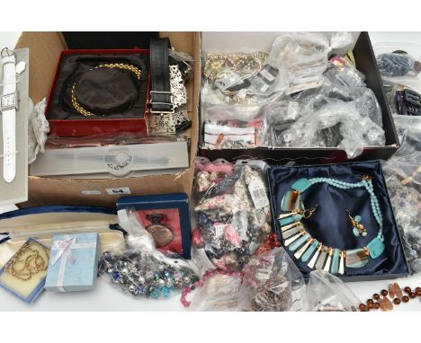 ASSORTED COSTUME JEWELLERY, to include boxed necklaces, beaded necklaces, boxed novelty pocket watch, a box of buttons, earri