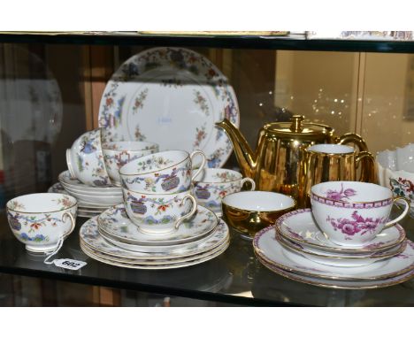 ROYAL WORCESTER 'PEKIN' TEA WARES, comprising six cups, five saucers, six side plates and a 23.5 cm plate, cracks and crazing