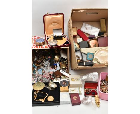 A LARGE BOX OF COSTUME JEWELLERY AND OTHER ITEMS, to include a boxed 'Monet' necklace, a large selection of costume jewellery