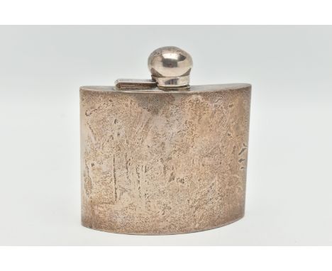 AN EDWARDIAN SILVER HIP FLASK, of plain form with attached hinged lid, silver hallmark for Griffiths &amp; Singleton, Birming