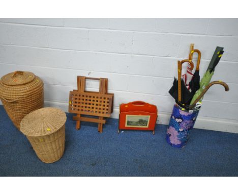 A SELECTION OF OCCASIONAL FURNITURE, to include an Alibaba wicker basket and another wicker basket, a folding teak table, a m