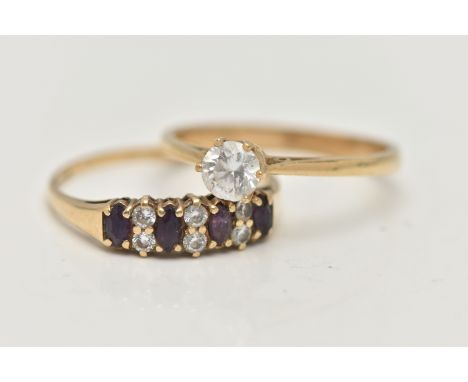 TWO 9CT GOLD, GEM SET RINGS, the first a single cubic zirconia ring, claw set, pinched shoulders leading onto a polished band