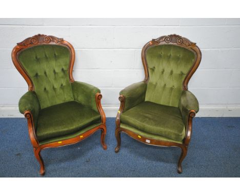 TWO REPRODUCTION VICTORIAN STYLE ARMCHAIRS, with foliate crest, button back, on front cabriole legs (condition report: genera