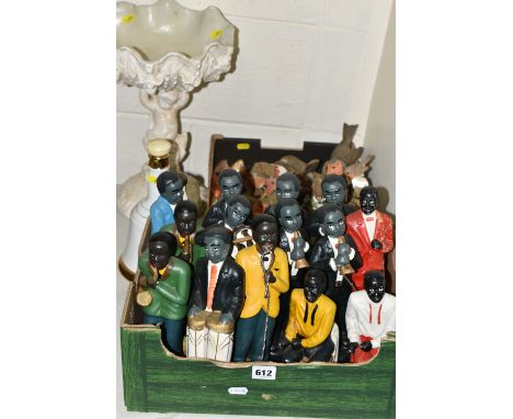 TWO BOXES OF BIRD AND JAZZ BAND ORNAMENTS, to include a Wade royal commemorative Bell's Scotch Whisky decanter 1981, a chalkw