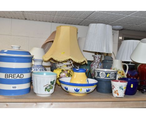 A QUANTITY OF TABLE LAMPS AND CERAMICS, comprising a large T.G Green Cornish Ware bread bin with lid, seven ceramic table lam