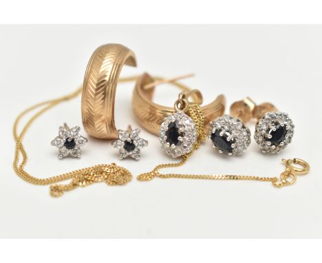 ASSORTED JEWELLERY ITEMS, to include a pair of 9ct gold oval sapphire and diamond cluster stud earrings, post and scroll fitt