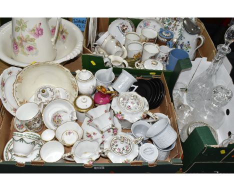 THREE BOXES OF CERAMICS AND GLASSWARE, to include a 1960s set of five Portmeirion 'Cypher' design coffee cups, six matt black