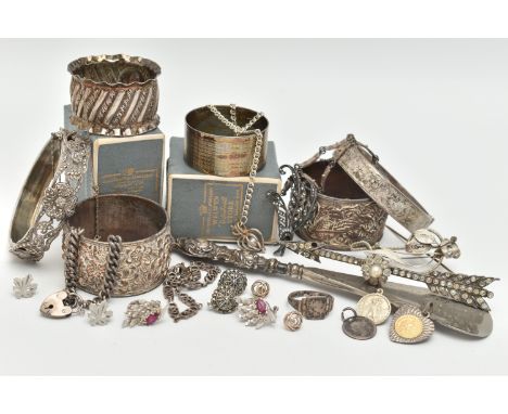 A BAG OF ASSORTED SILVER AND WHITE METAL JEWELLERY, to include a silver floral marcasite set, hinged bangle, push piece integ