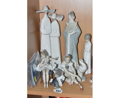 SIX LLADRO FIGURES AND TWO NAO FIGURES, comprising Nuns, no. 4611 sculptor Fulgencio Garcia, issued 1969-2004, height 33cm, R