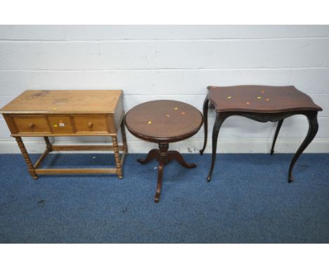 AN OAK SIDE TABLE, with two frieze drawer, on bobbin turned legs, united by stretchers, width 84cm x depth 41cm x height 70cm