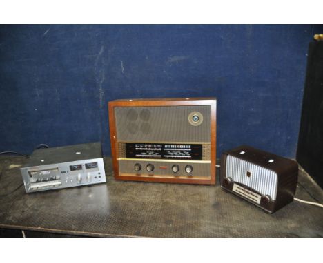 THREE ITEM OF VINTAGE AUDIO EQUIPMENT comprising of a Murphy A252 valve radio, an Ultra valve radio with brown bakelite case 