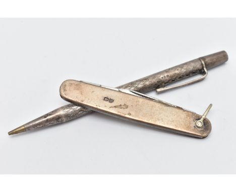 A 'YARD O' LED' SILVER PROPELLING PENCIL AND A FRUIT KNIFE, engine turned pattern pencil, vacant cartouche, hallmarked 'Yard-