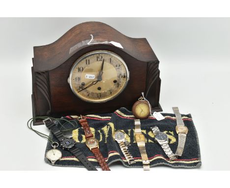 A SELECTION OF SIX QUARTZ WATCHES, A POCKETWATCH AND A CLOCK, to include a Doxa pocket watch with outer case, the white ename