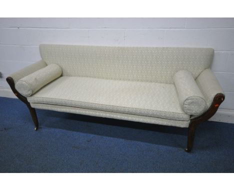 A GEORGIAN SOFA, with scrolled armrests, foliate upholstery, on cylindrical tapered legs and brass castors, length 218cm x de