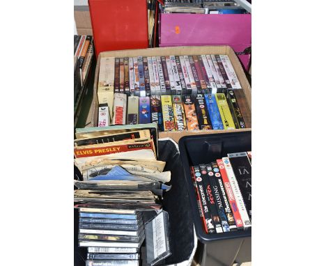 SEVEN BOXES AND CASES OF CDs, DVDs AND RECORDS ETC, to include classic rock compilation, Johnny Mathis, Kid Creole, Steve Gib