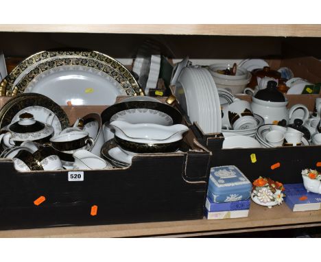 FOUR BOXES OF NAMED CERAMICS, to include a Royal Doulton Lambeth Ware dinner set in the 'Prairie' pattern LS1031, a large qua