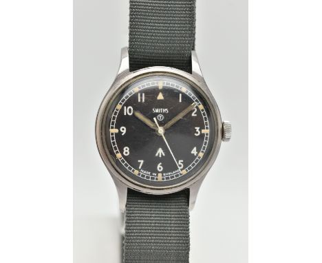 A SMITHS BRITISH MILITARY WRISTWATCH, the matt black dial, with Military arrow, circled T, white Arabic numerals, outer minut