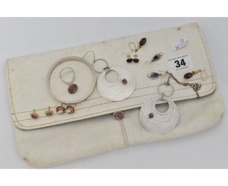 TWO PAIRS OF 9CT GOLD STUD EARRINGS AND OTHER ITEMS, the first designed as oval cameo panels depicting a female in profile wi