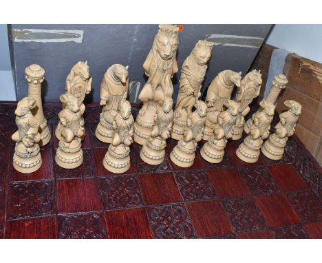A REYNARD THE FOX CHESS SET, resin figures in a cream and black colourway, approximate height of the King 20cm, together with