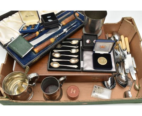 A SELECTION OF CUTLERY, to include a cased set of six silver teaspoons, hallmark for Sheffield 1955, a cased Walker &amp; Hal