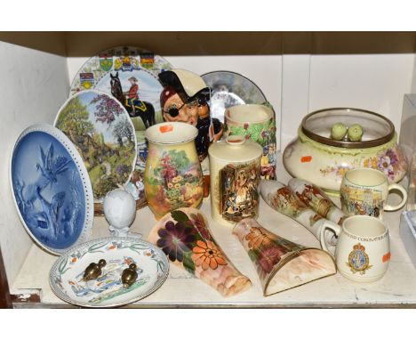 A GROUP OF CERAMICS, to include two Oldcourt Ware lustre wall pockets, a Crown Devon 'Cries of London' covered jar, two beer 