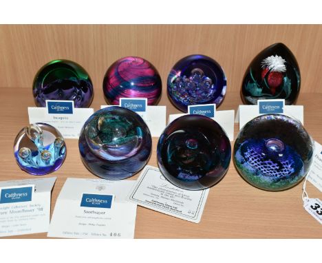 EIGHT CAITHNESS GLASS PAPERWEIGHTS, five are limited editions, comprising 'Flower of Scotland', unlimited, 'Scotia' 99/680, '