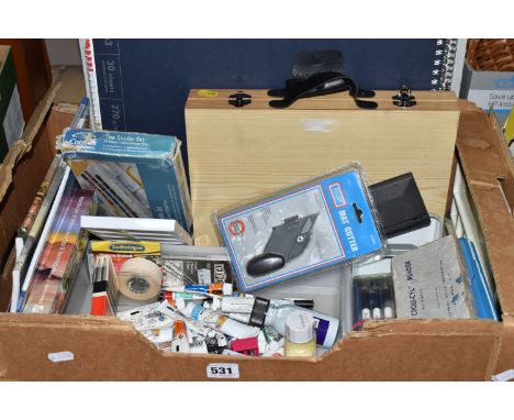 TWO BOXES OF ARTIST'S EQUIPMENT, to include packs of stick on jewels, A3 paper, water colour paints, pencils, brushes, pens, 