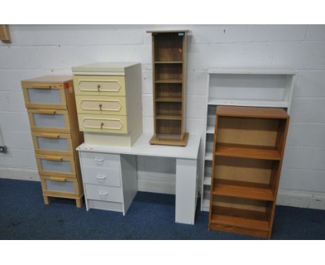 A SELECTION OF MODERN FUNITURE, to include a desk with three drawers, length 107cm x depth 50cm x height 69cm, a tall chest o