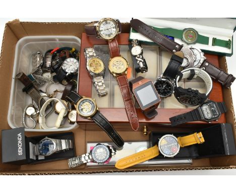 A BOX OF ASSORTED WRISTWATCHES, names to include Swatch, Casio, Timberland, Strada, together with a hinged lid watch display 