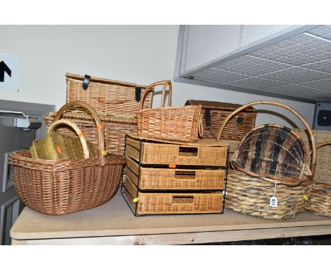 A LARGE QUANTITY OF WICKER HAMPERS AND BASKETS, comprising one large hamper, two smaller hampers, one traditional shopping ba