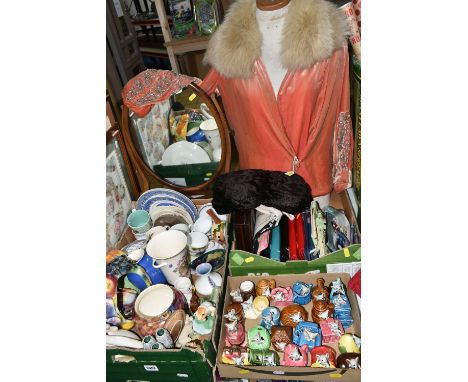 THREE BOXES AND LOOSE VINTAGE FASHION, CERAMICS, PURSES, MIRROR AND SUNDRY ITEMS, to include a 1920s peach velvet evening jac