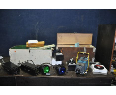 TWO VINTAGE WOODEN INSTRUMENT CASES CONTAINING LIGHTING EQUIPMENT including a Rank Eldis Tutor 2 projector with a Optikinetic