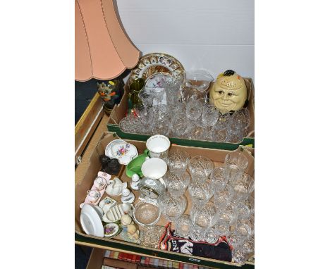 TWO BOXES AND LOOSE CERAMICS, GLASS, LAMP, PICTURES AND SUNDRY ITEMS, to include cut crystal drinking glasses by Webb Corbett