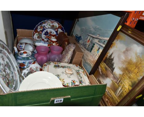 ONE BOX OF CERAMICS AND TWO FRAMED PAINTINGS, to include a Royal Worcester 'Butterfly' pattern plate, an Alfred Meakin trio, 