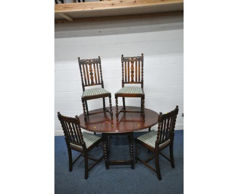 A 20TH CENTURY OAK OVAL BARLEY TWIST GATE LEG TABLE, open width 148cm x closed width 53cm x depth 106cm x height 75cm, along 